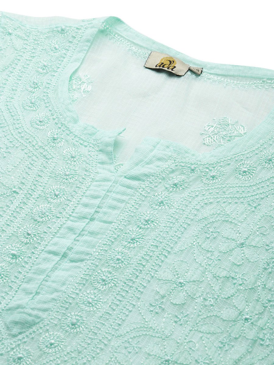 ADA Women Sea Green Chikankari Hand Embroidered Straight Kota Handloom Kurta With Matching Slip | Swadesiicart