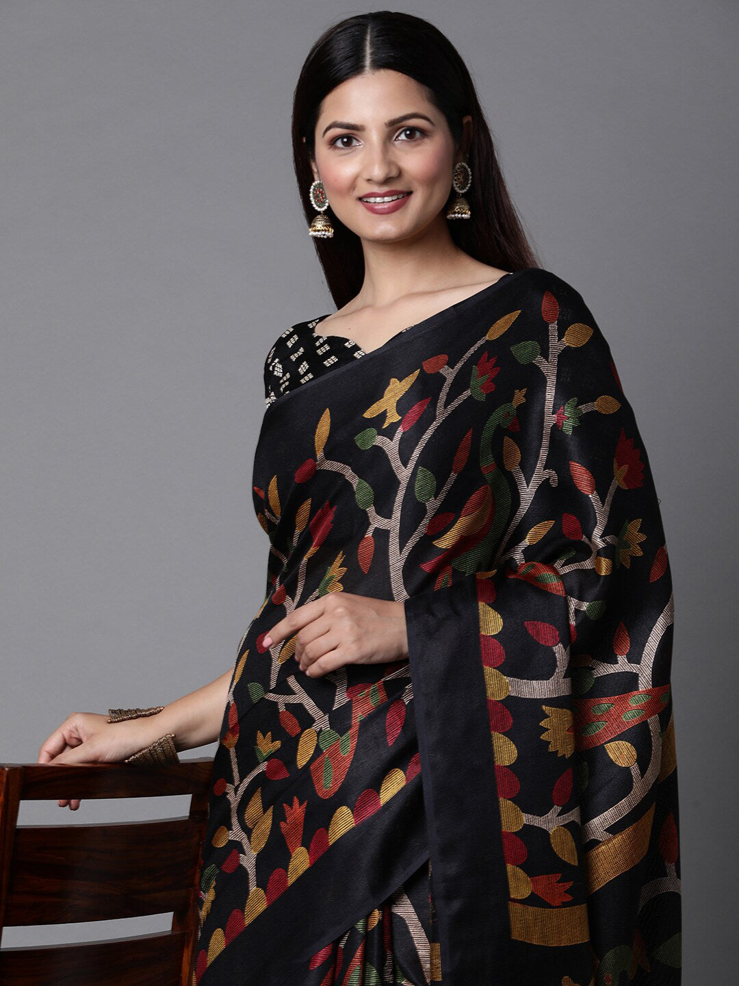 Mitera Black & Green Ethnic Motifs Jute Cotton Banarasi Saree with Matching Blouse | Swadesiicart