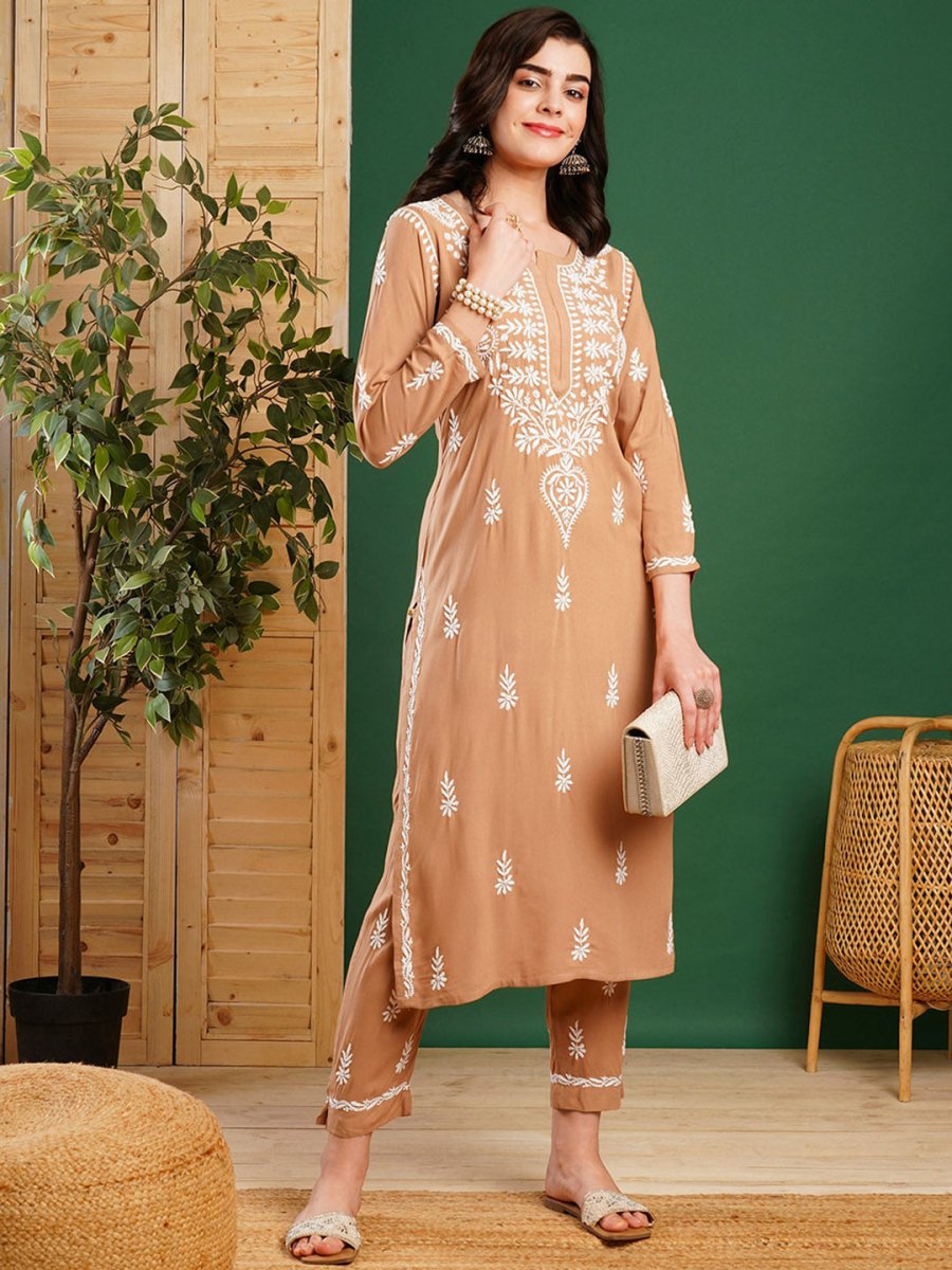 ADA Ethnic Motifs Embroidered Chikankari Kurta with Trousers | Swadesiicart