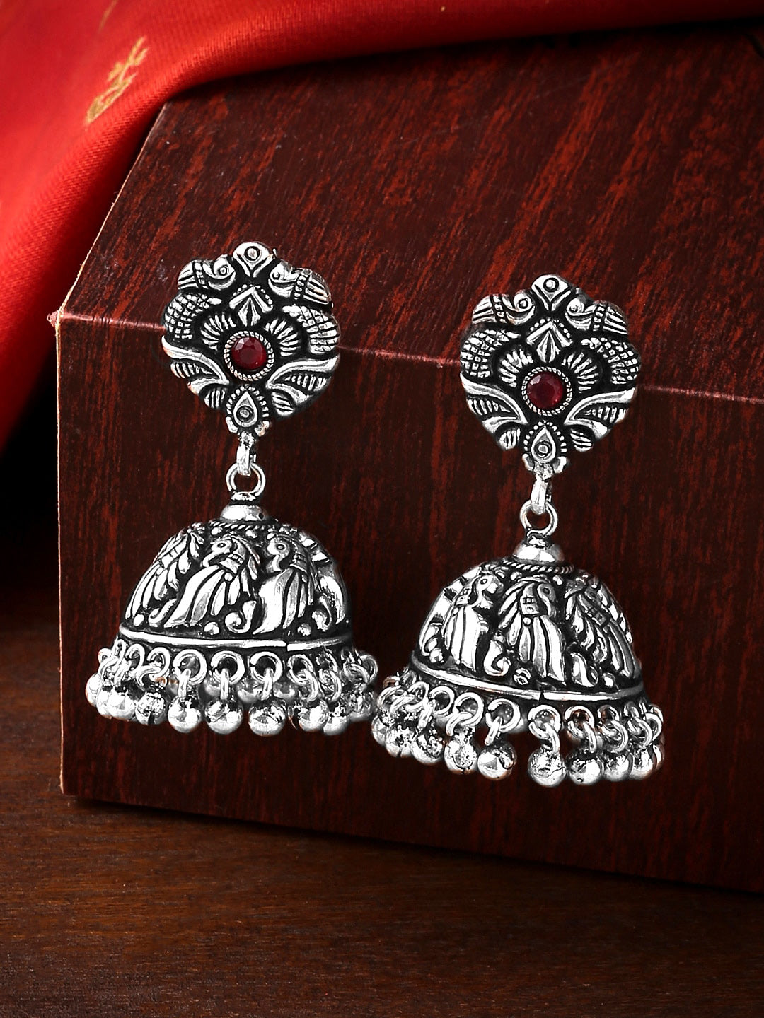 Yellow Chimes Silver-Plated Kolhapuri Peacock Design Jhumkas Earrings | Swadesiicart