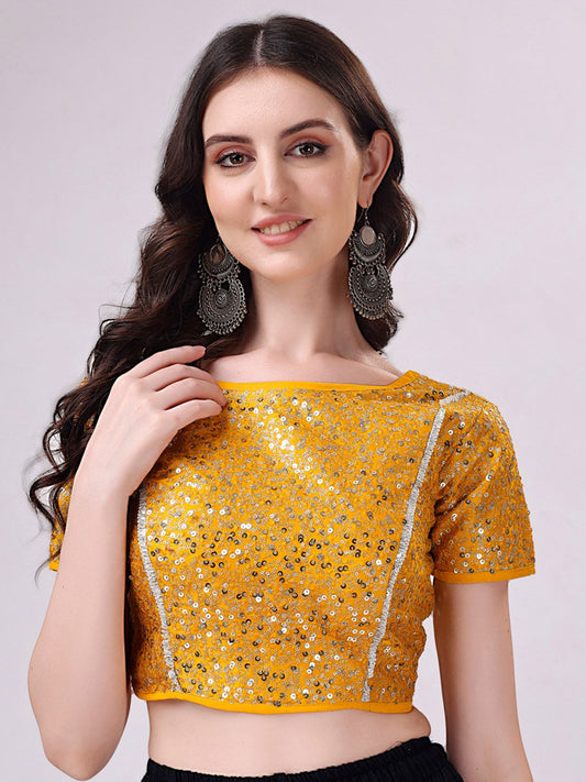 Tikhi Imli Yellow Embellished Boat Neck Sequinned Detailed Saree Blouse | Swadesiicart