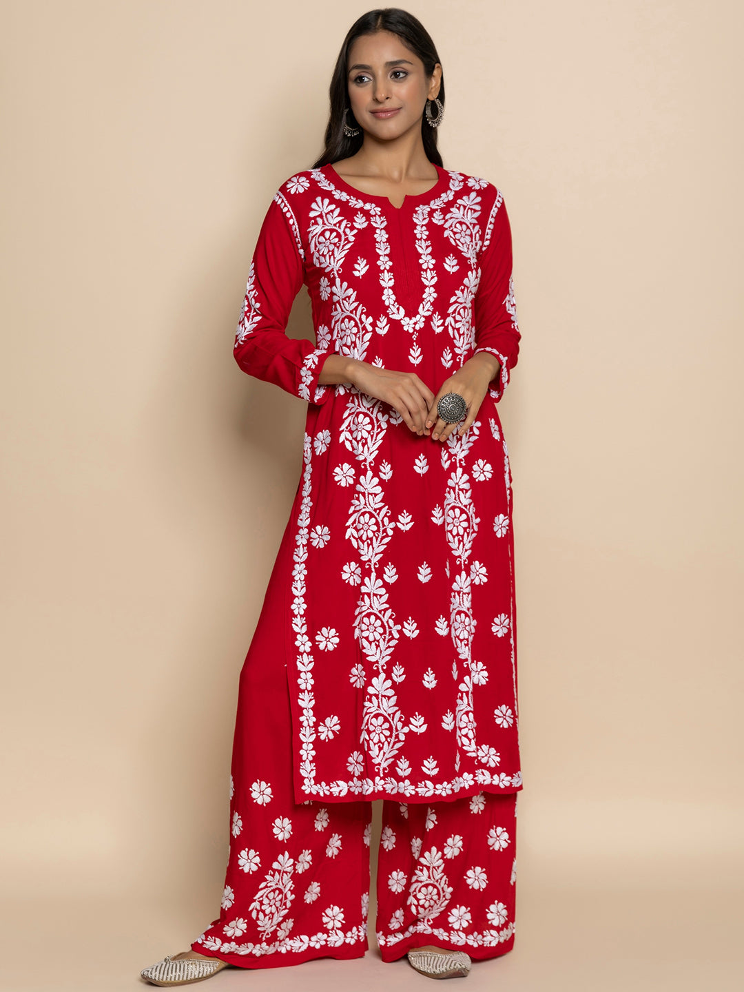 HOUSE OF KARI Floral Embroidered Chikankari Cotton A-Line Kurta | Swadesiicart