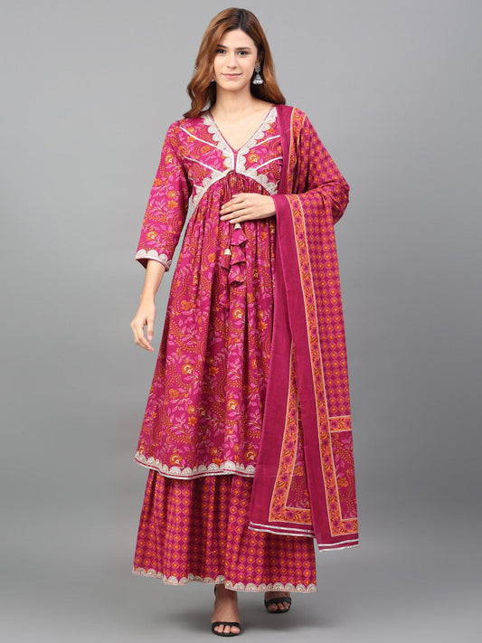 Kalini Floral Printed Empire Pure Cotton Kurta with Sharara & With Dupatta | Swadesiicart