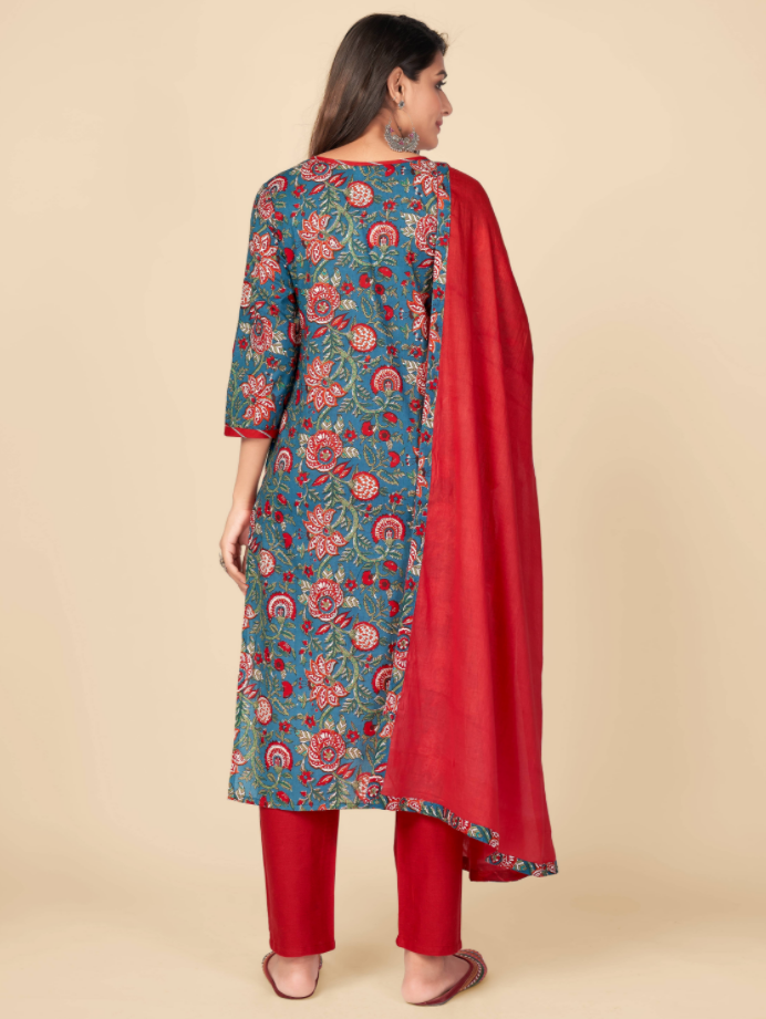 NOZ2TOZ Women's Printed & Gota Patti Work Straight Cotton Blue Kurta Pant With Dupatta (3Pcs Set) - Swadesiicart