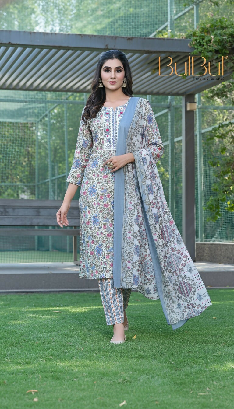 BulBul Fashionista Grey Floral Cotton Kurta Set with Dupatta - Swadesiicart