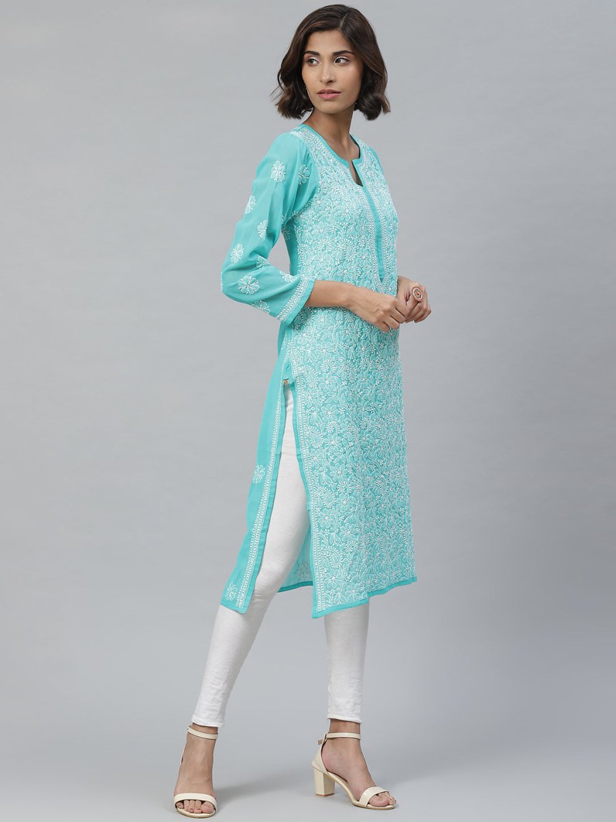 ADA Women Sea Green & White Floral Chikankari Embroidered Straight Sustainable Handloom Kurta | Swadesiicart