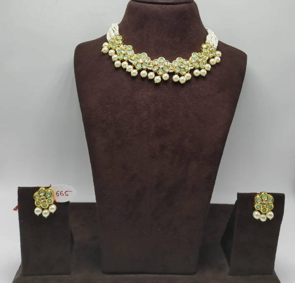 Khavi Arts Enamel Studded Pearl Choker-Mint Green | Swadesiicart