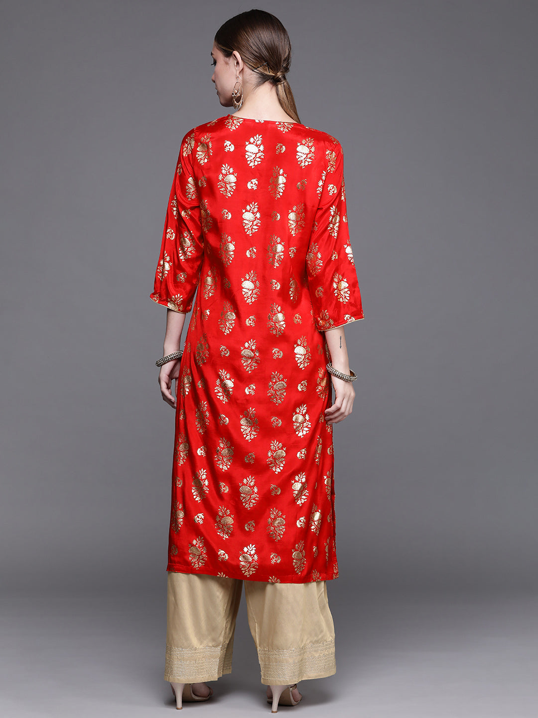 Biba Women Red Floral Foil Printed Kurta - Swadesiicart