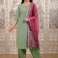 Vishudh Green Embroidered Thread Work Kurta with Trouser & Dupatta - Swadesiicart