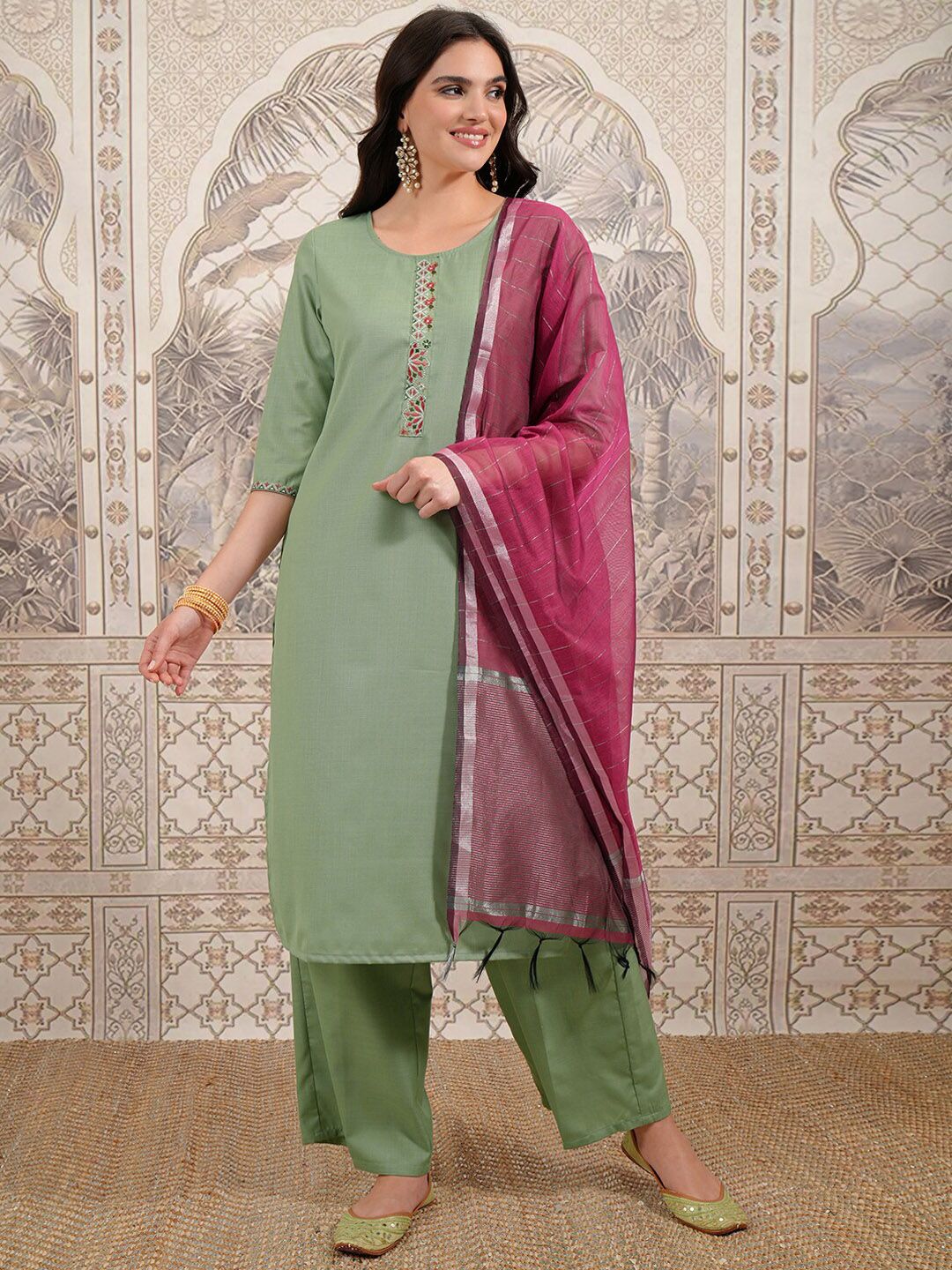 Vishudh Green Embroidered Thread Work Kurta with Trouser & Dupatta - Swadesiicart