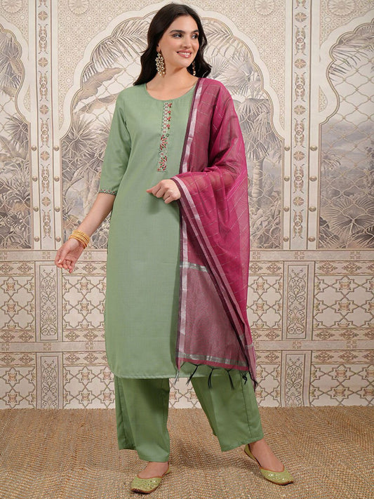 Vishudh Green Embroidered Thread Work Kurta with Trouser & Dupatta - Swadesiicart