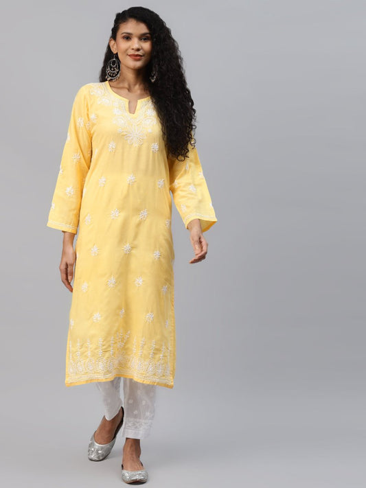 ADA Women Yellow Ethnic Motifs Embroidered Chikankari Handloom Kurta with Palazzos | Swadesiicart
