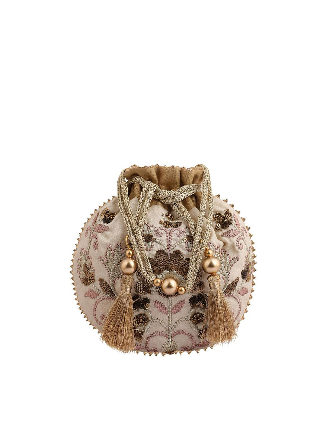 Masq Beige & Brown Embellished Embroidered Potli Clutch - Swadesiicart