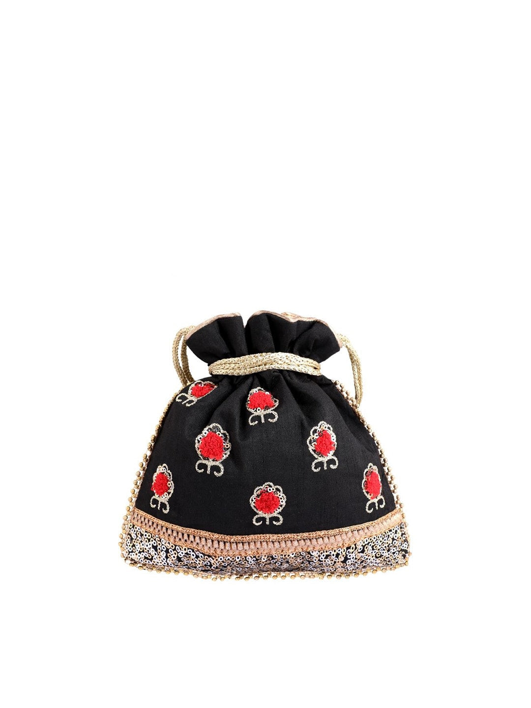 Masq Black & Red Embellished Embroidered Potli Clutch - Swadesiicart