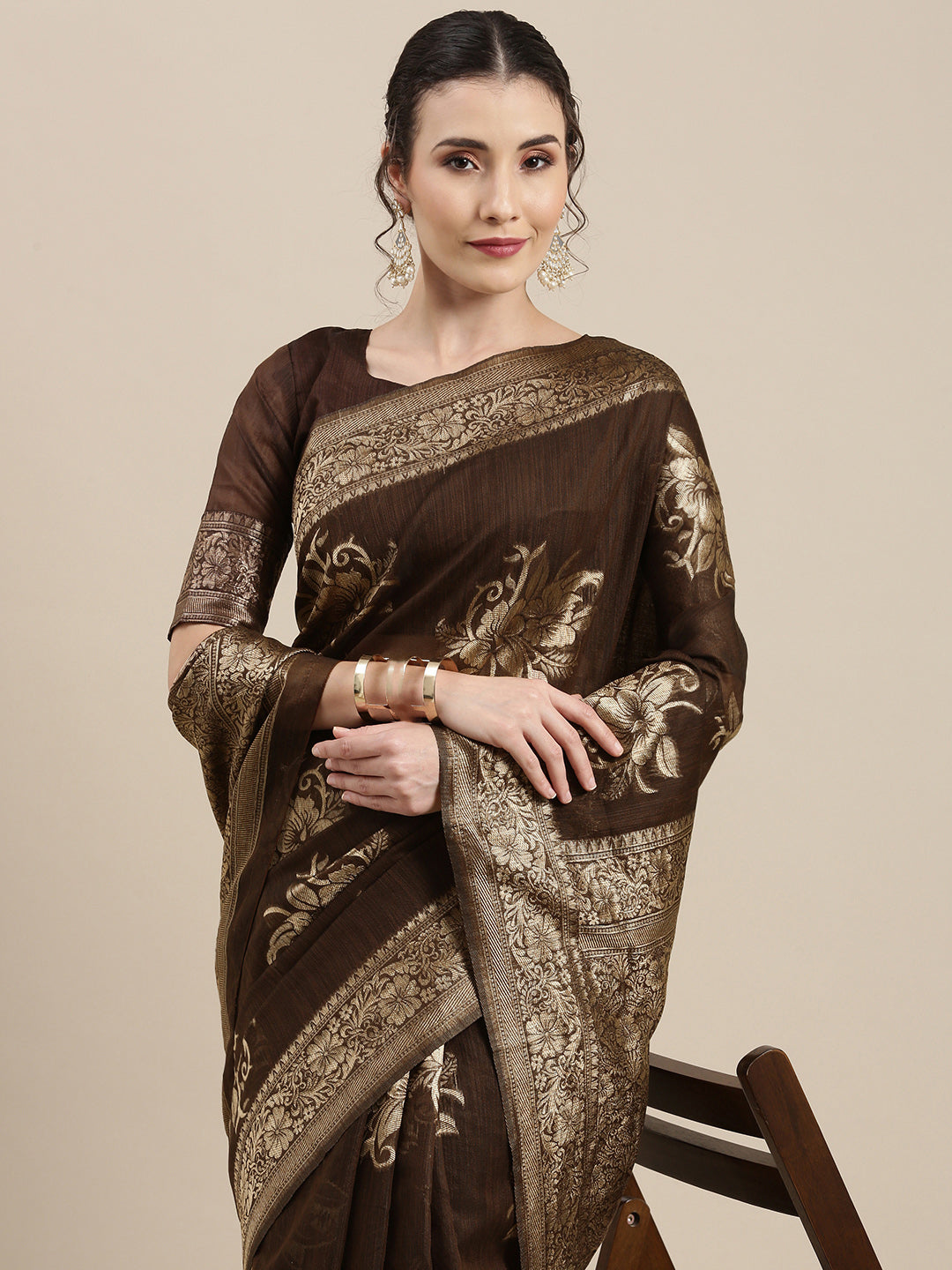 Saree Mall Brown Floral Linen Blend Banarasi Saree | Swadesiicart