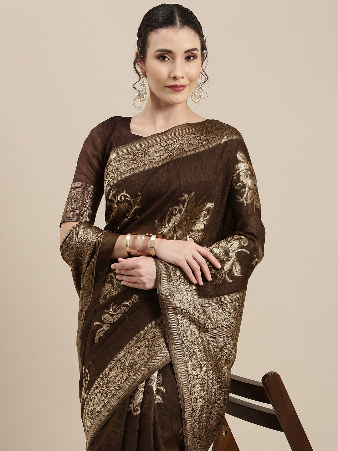 Saree Mall Brown Floral Linen Blend Banarasi Saree | Swadesiicart