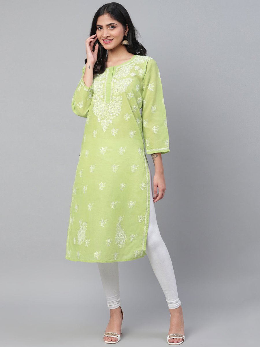ADA Women Green & White Chikankari Hand Embroidered Straight Sustainable Handloom Kurta | Swadesiicart