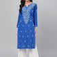 ADA Women Blue & White Chikankari Hand-Embroidered Straight Sustainable Handloom Kurta | Swadesiicart