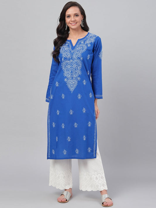 ADA Women Blue & White Chikankari Hand-Embroidered Straight Sustainable Handloom Kurta | Swadesiicart