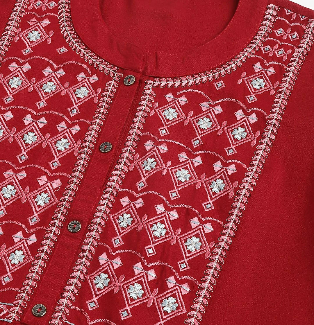 Red Rayon Yoke Embroidered A-line Top - Tarini - Swadesiicart