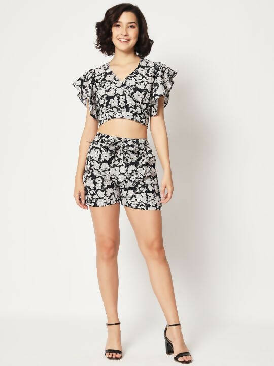 Black Crepe Floral Printed Top with Matching Shorts Set - Shivani