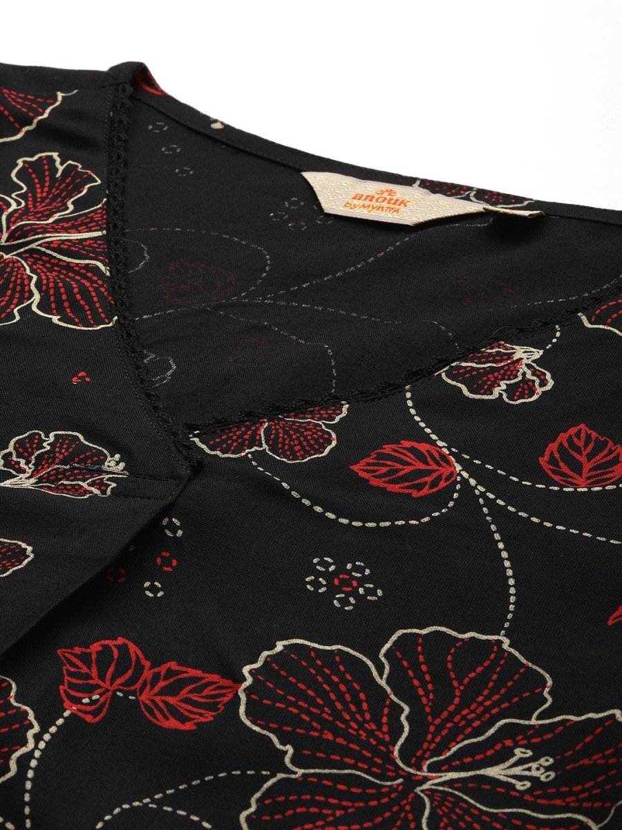 Anouk Women Floral Printed V Neck A-Line Kurta With Lace Detailing - Swadesiicart