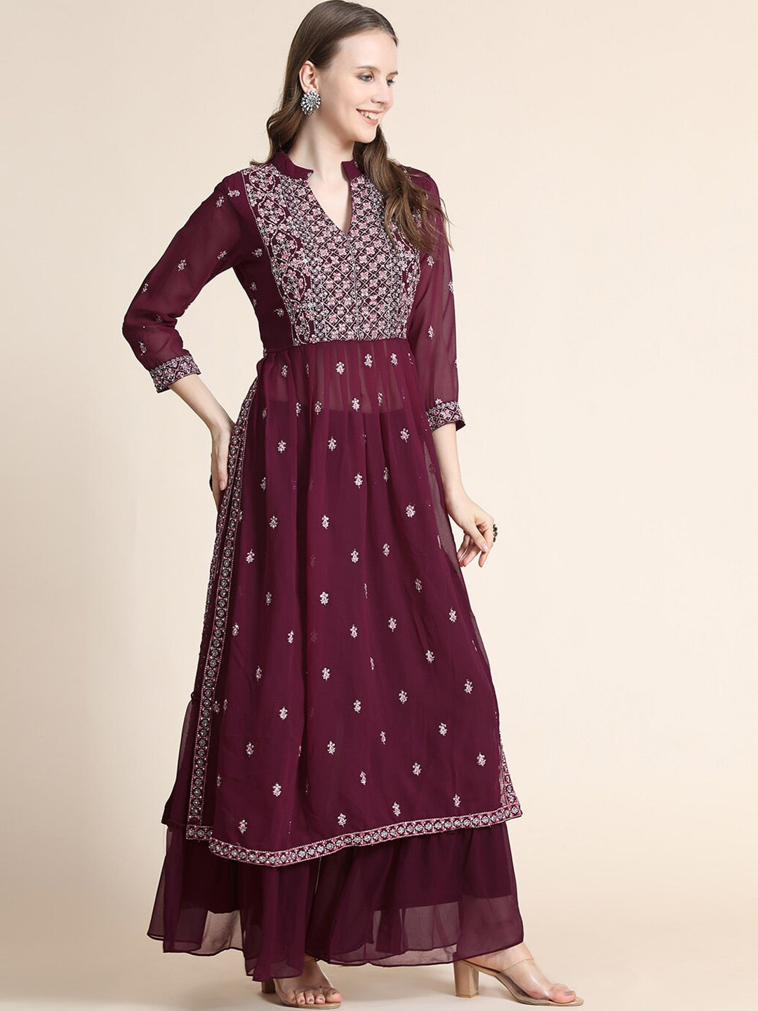 Kalini Women Burgundy Floral Yoke Design Empire Silk Georgette Kurta with Sharara | Swadesiicart