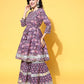 All About You Women Purple Floral Printed Regular Gotta Patti Pure Cotton Kurta with Sharara