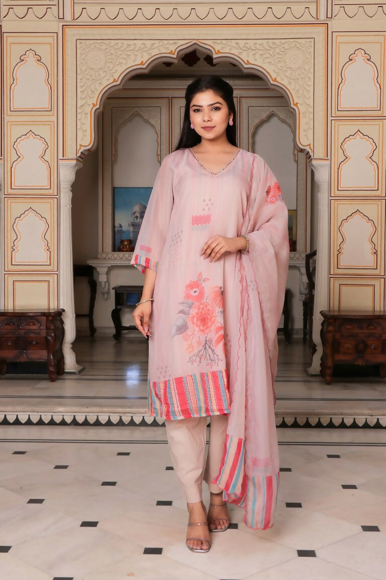 Vaasva Women Beige Tabby Slik Print & Embroidered Kurta, Pant & Dupatta set | Swadesiicart