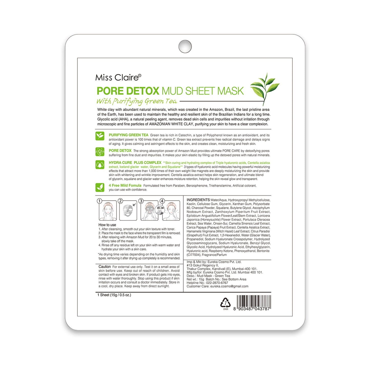Miss Claire Pore Detox Mud Sheet Mask With Purifying Green Tea | Swadesiicart