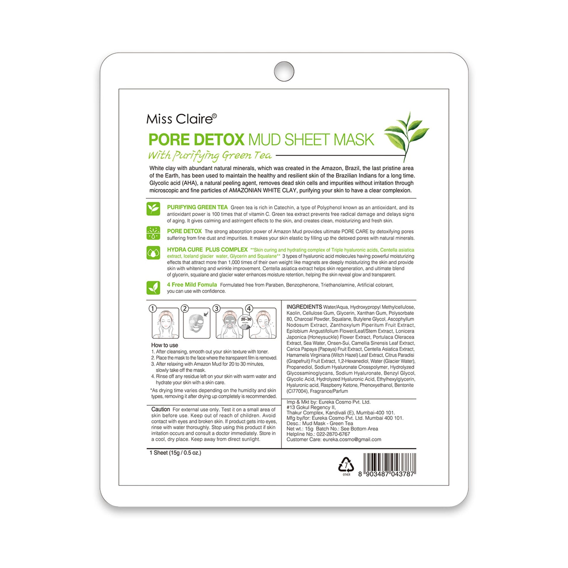 Miss Claire Pore Detox Mud Sheet Mask With Purifying Green Tea | Swadesiicart