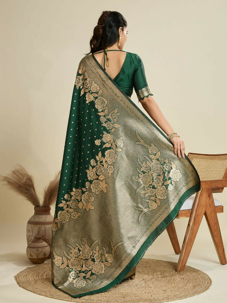 Vishnu Weaves Women's Bt-Green Banarasi Silk Zari Woven Saree with Blouse - Swadesiicart