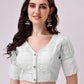 Tikhi Imli White Embroidered V-Neck Thread Work Detailed Cotton Saree Blouse | Swadesiicart