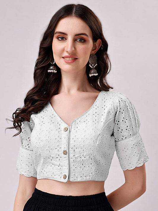 Tikhi Imli White Embroidered V-Neck Thread Work Detailed Cotton Saree Blouse | Swadesiicart