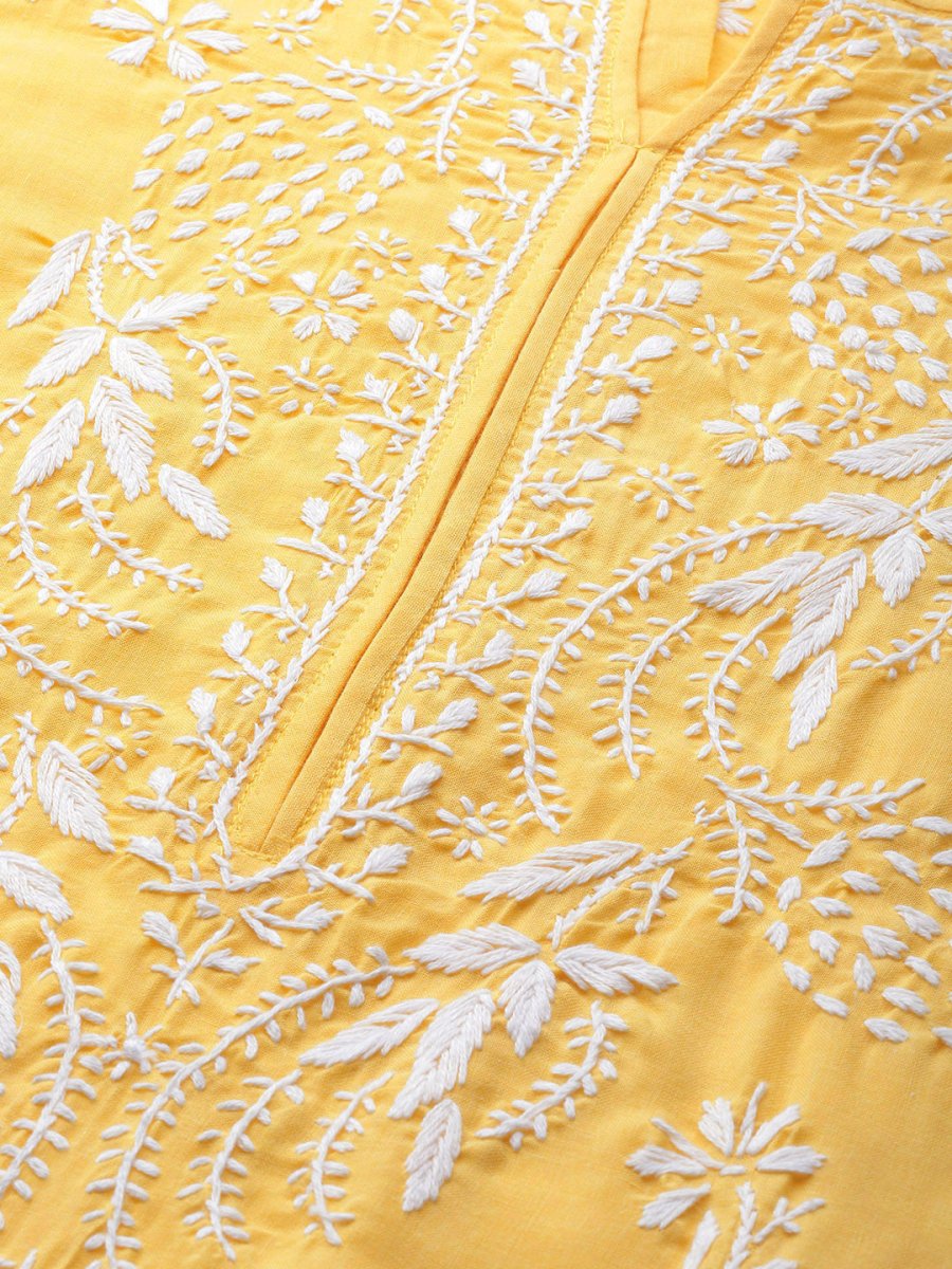 ADA Women Yellow & White Chikankari Embroidered Straight Sustainable Handloom Kurta | Swadesiicart