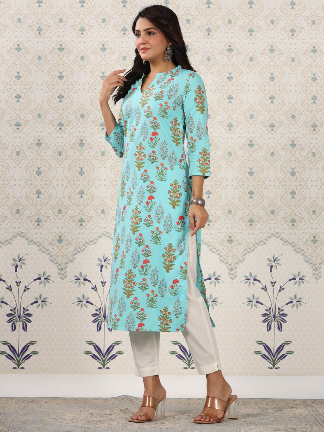 Ode by House of Pataudi Floral Printed Mandarin Collar Pure Cotton Kurta - Swadesiicart