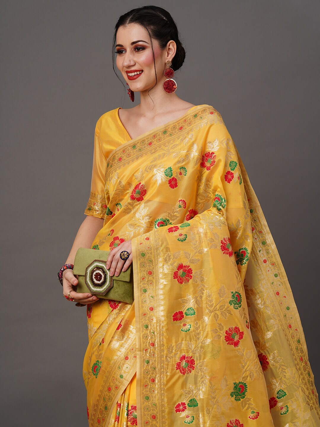 Mitera Floral Organza Banarasi Zari Saree With Blouse Piece | Swadesiicart