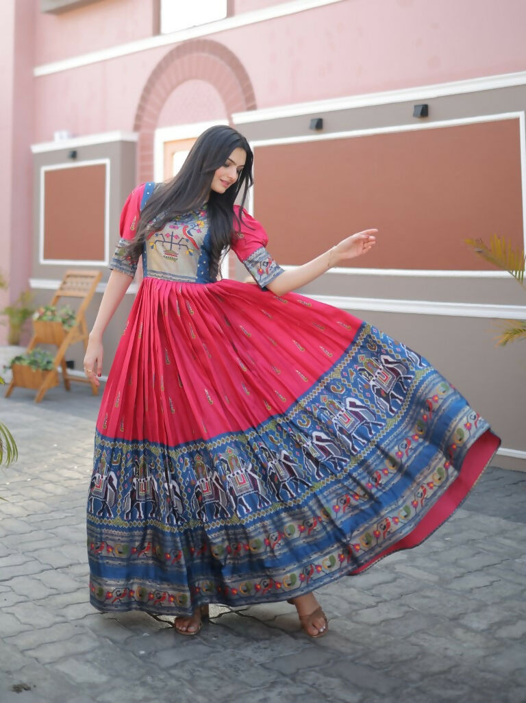 Jyoti Fashion Women's Rani Pink Patola with Foil Print Dola Silk Anarkali Dress | Swadesiicart