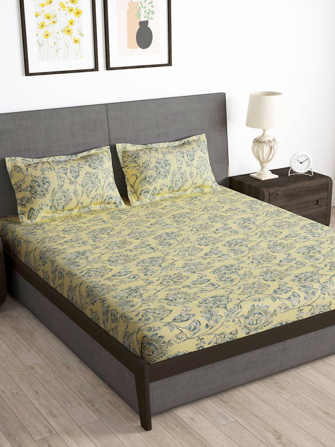 Story@home Cream-Coloured & Grey Floral Microfiber 180 TC Bedsheet & Pillow Cover - Swadesiicart