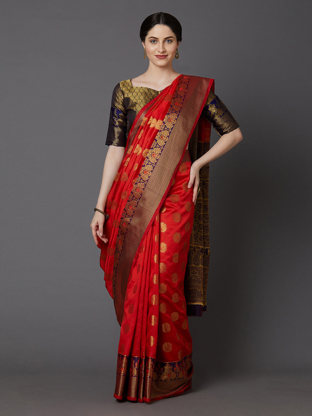 Mitera Red & Gold-Coloured Silk Blend Woven Design Banarasi Saree | Swadesiicart