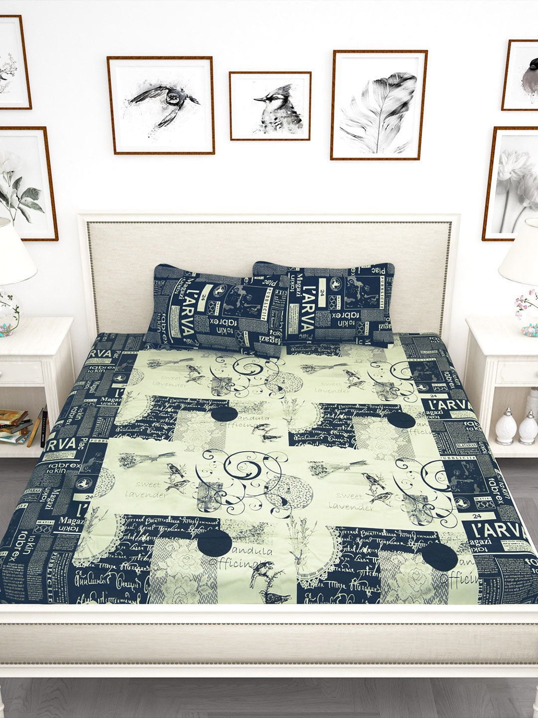 Story@home Blue & Off White Conversational King Bedsheet with 2 Pillow Covers - Swadesiicart