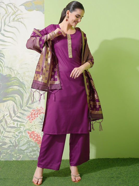 Vishudh Purple Yoke Design Thread Work Straight Kurta With Palazzos & Dupatta - Swadesiicart