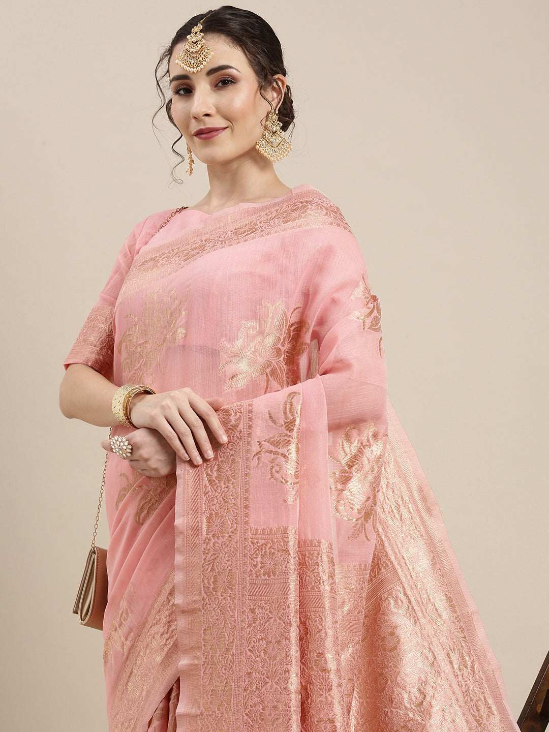 Saree Mall Pink Floral Linen Blend Banarasi Saree | Swadesiicart