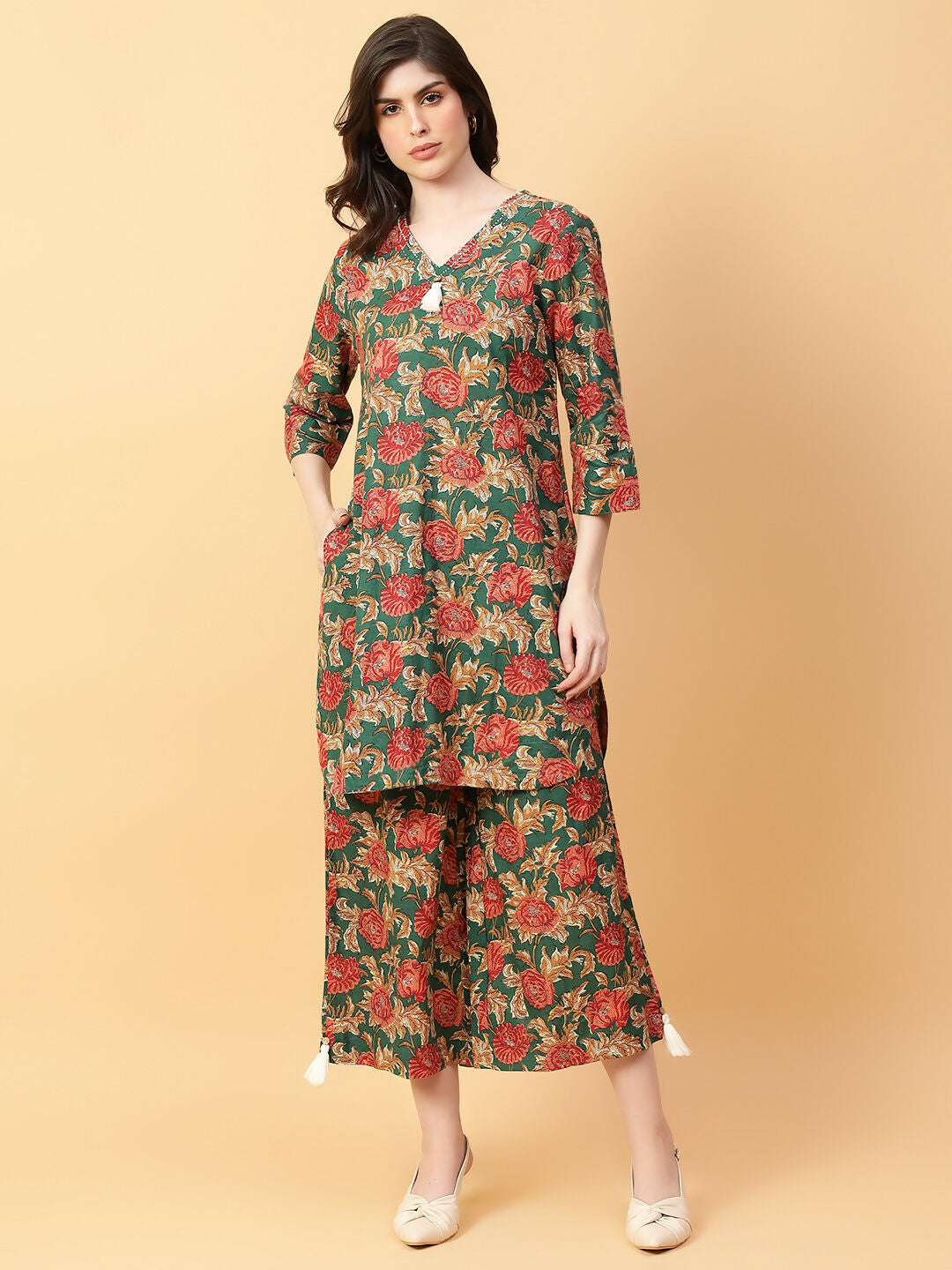 Joban Fashion Green Cotton Printed & Hand Work Co-ord Set - Swadesiicart