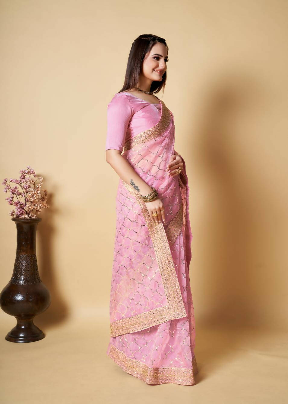 Vamsee Pink Organza Saree - Swadesiicart