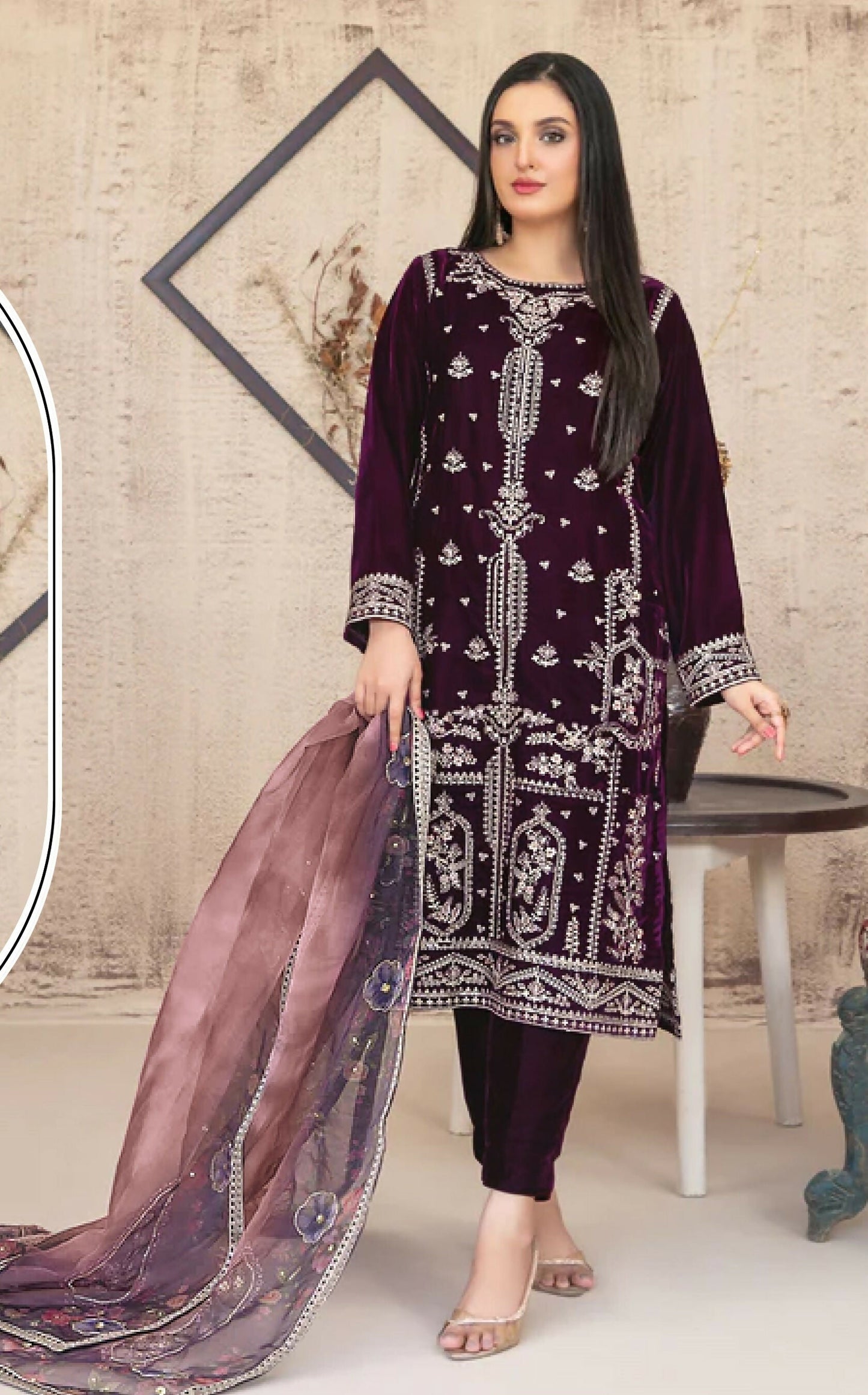Anaita Purple Velvet Suit with Embroidery Sequence Work - Swadesiicart