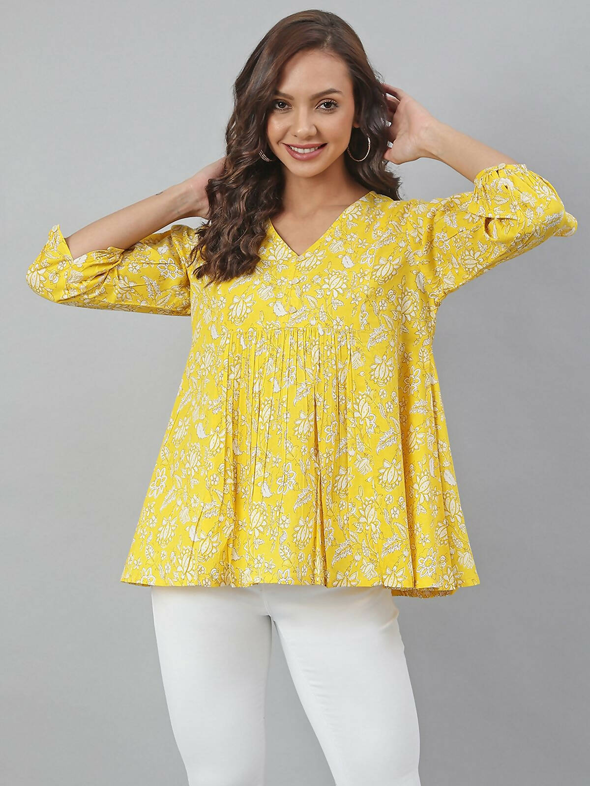 Janasya Women's Yellow Cotton Floral Print Flared Top | Swadesiicart