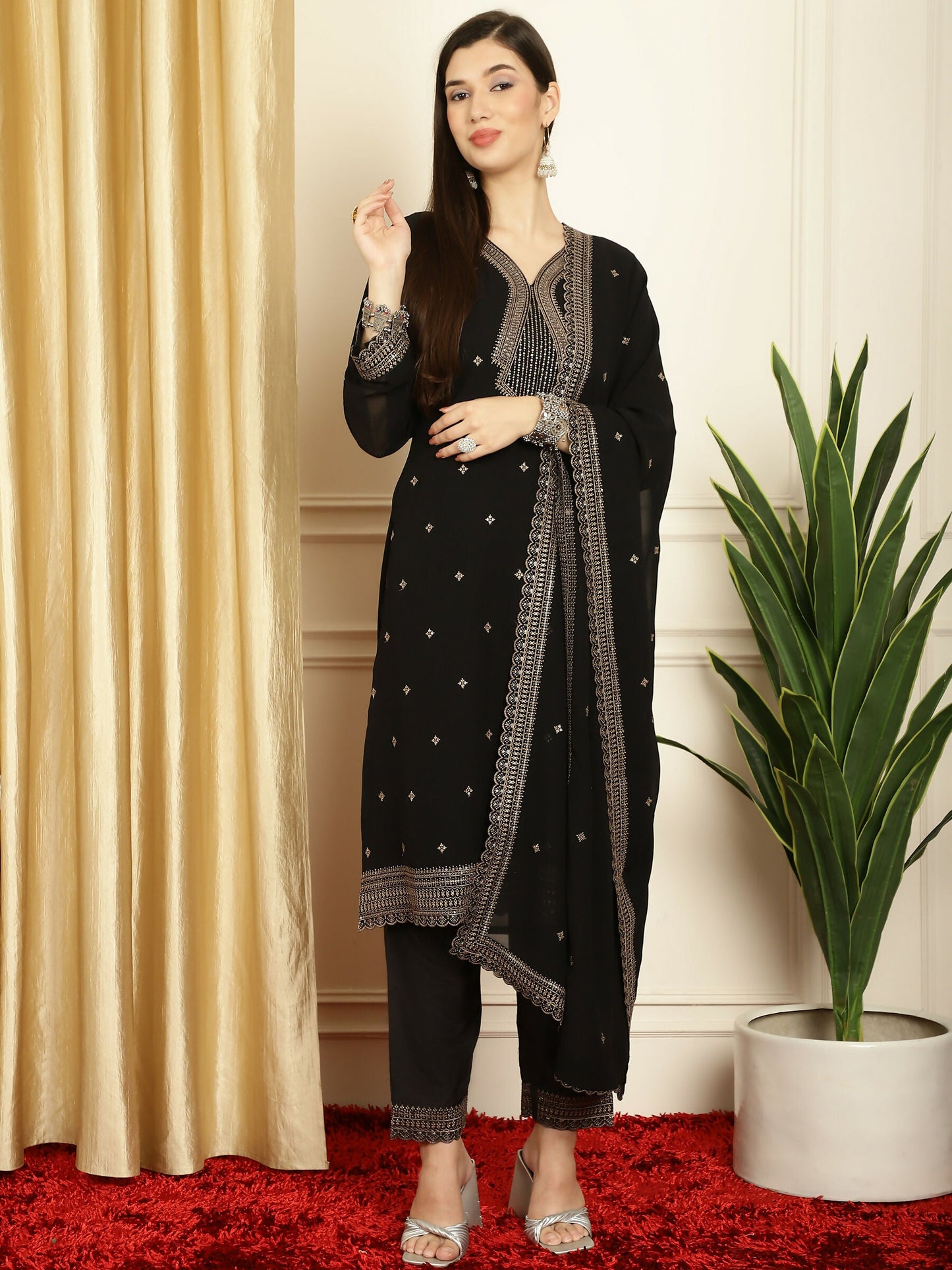 Jyoti Fashion Women's Black Georgette Resham Thread & Sequin Kurta with Trouser & Dupatta | Swadesiicart