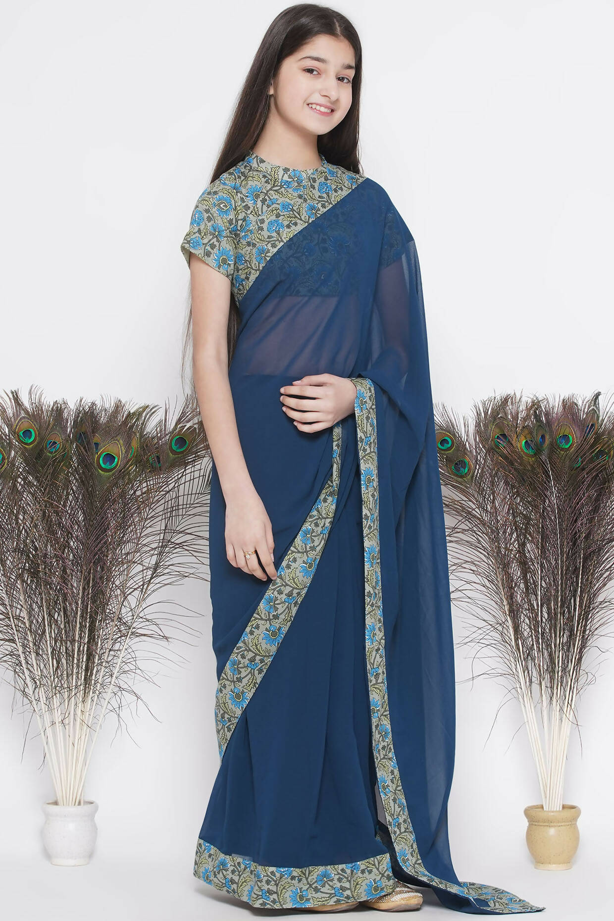 Little Bansi Floral Print Ready To Wear Saree And Floral Blouse - Blue | Swadesiicart