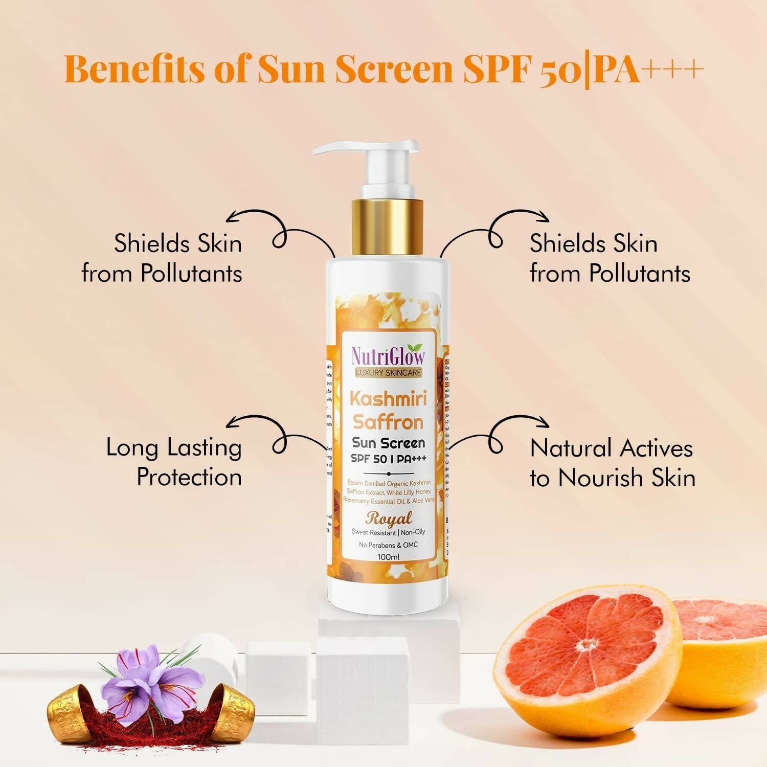 NutriGlow Luxury Skincare Kashmiri Saffron Sunscreen Serum 50 PA+++ - Swadesiicart